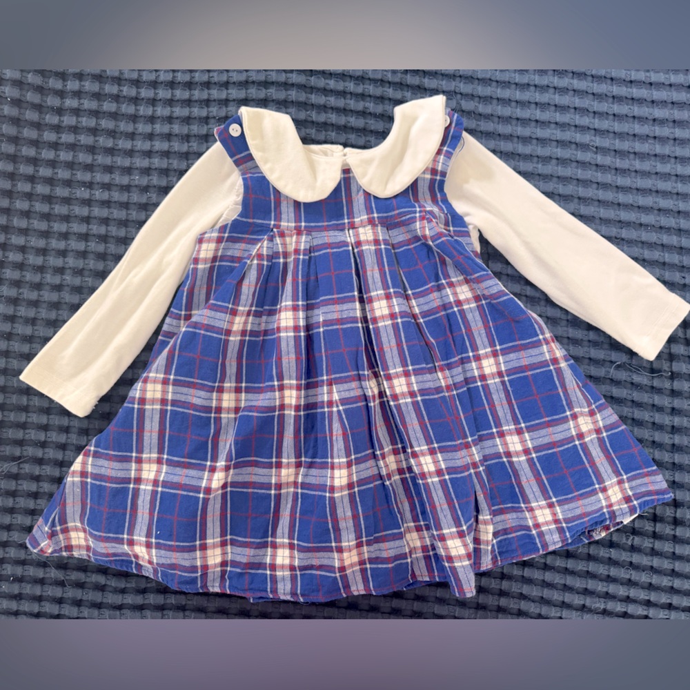 Sweethoney plaid jumper tunic set with long sleeve blouse, blue and red, size 4t